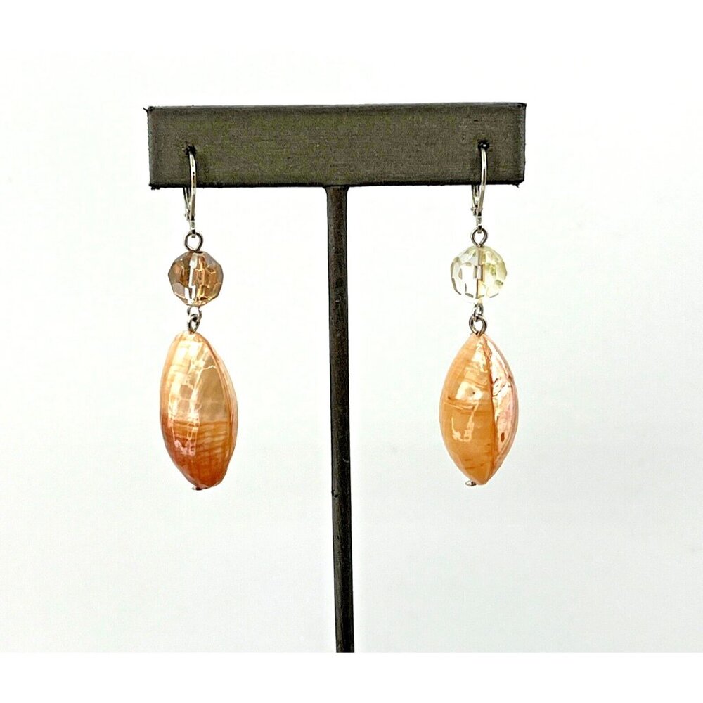 Peach Dyed Double Shell Bead Dangle Pierced Earrings 2.5"
